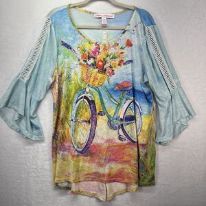 Leoma Lovegrove Top Womens Large Bicycle Art to Wear Ladder Lace Flare Sleeve